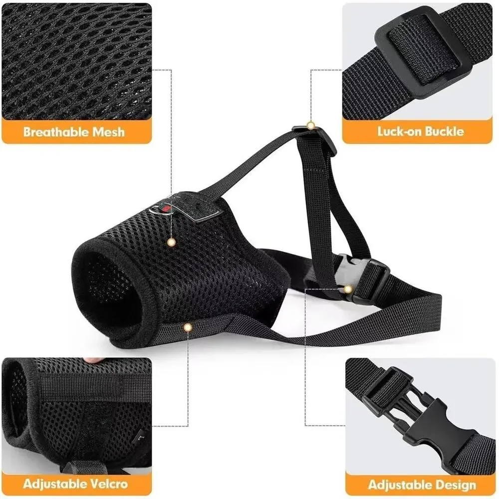 Adjustable Dog Muzzle Breathable Soft Humane Secure Fit Black NEW